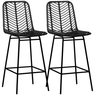 Lot de 2 tabourets de bar style colonial piètement acier résine tressée aspect rotin noir