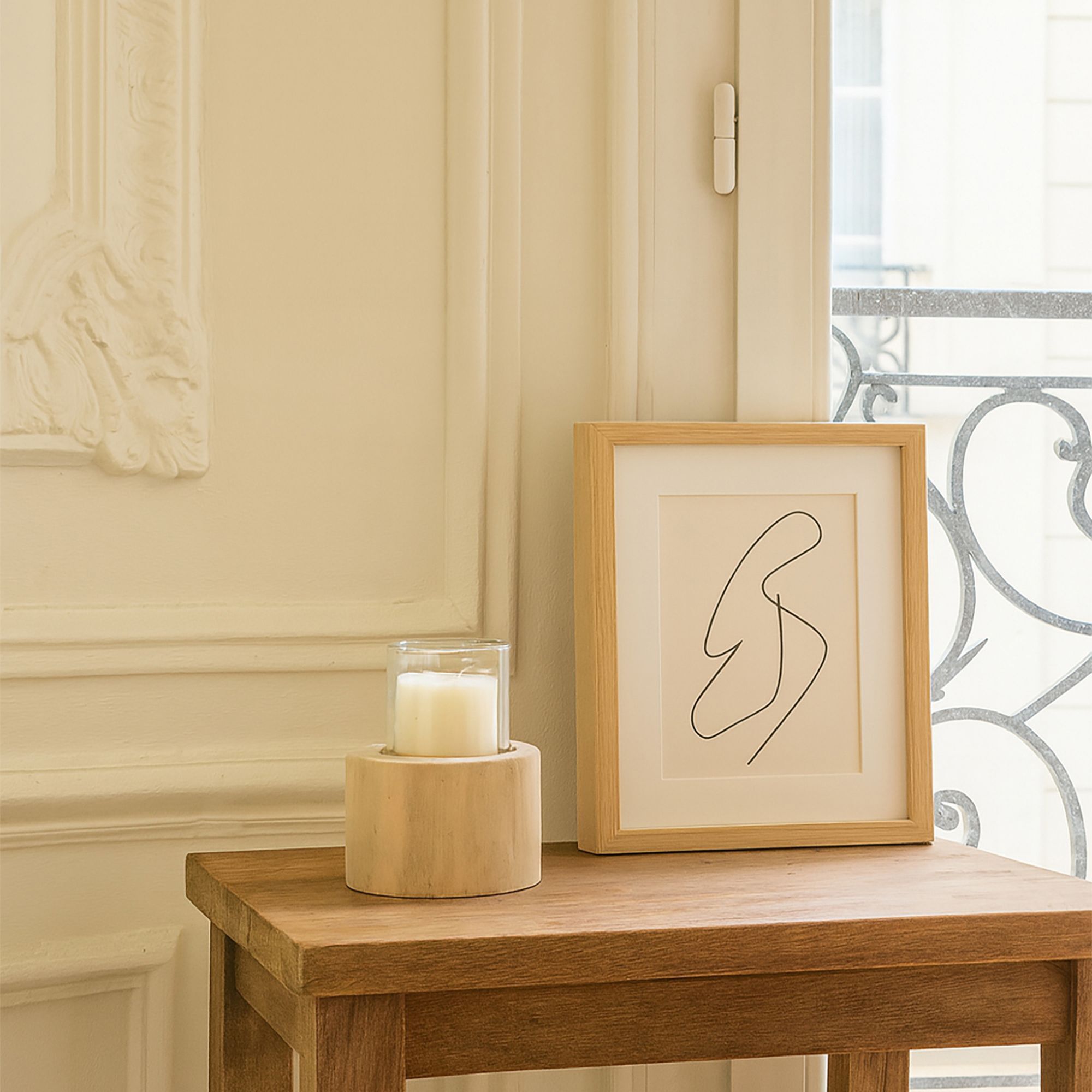 Photophore en verre avec base en teck