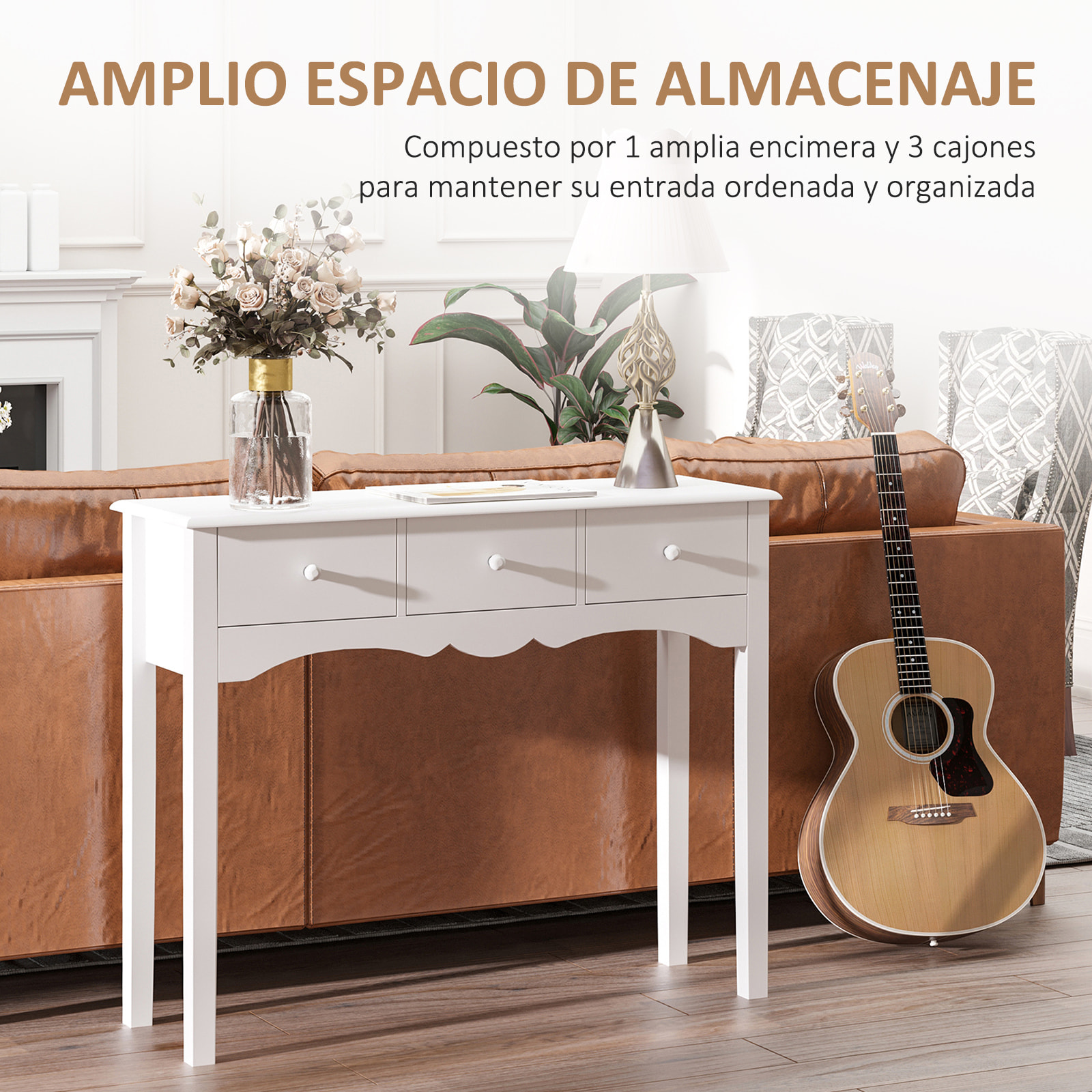 Mueble Mesa Recibidor Entrada Tocador Consola con 3 Cajones 100x32x85cm Blanco