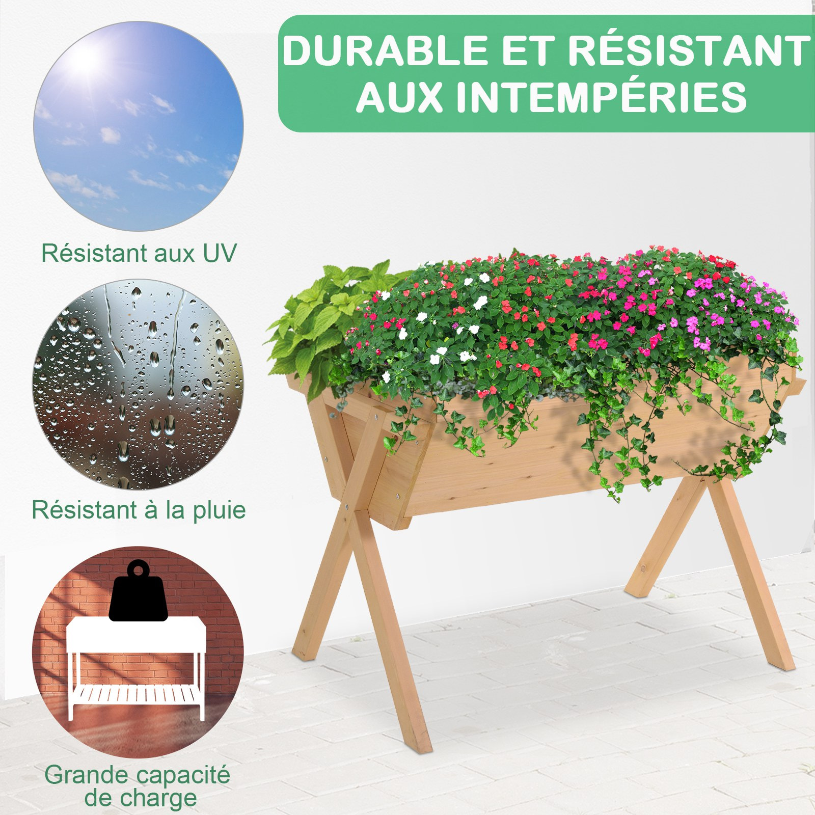 Jardinière sur pieds potager dim. 100L x 70l x 80H cm insert d'irrigation + feutre de drainage inclus bois massif sapin