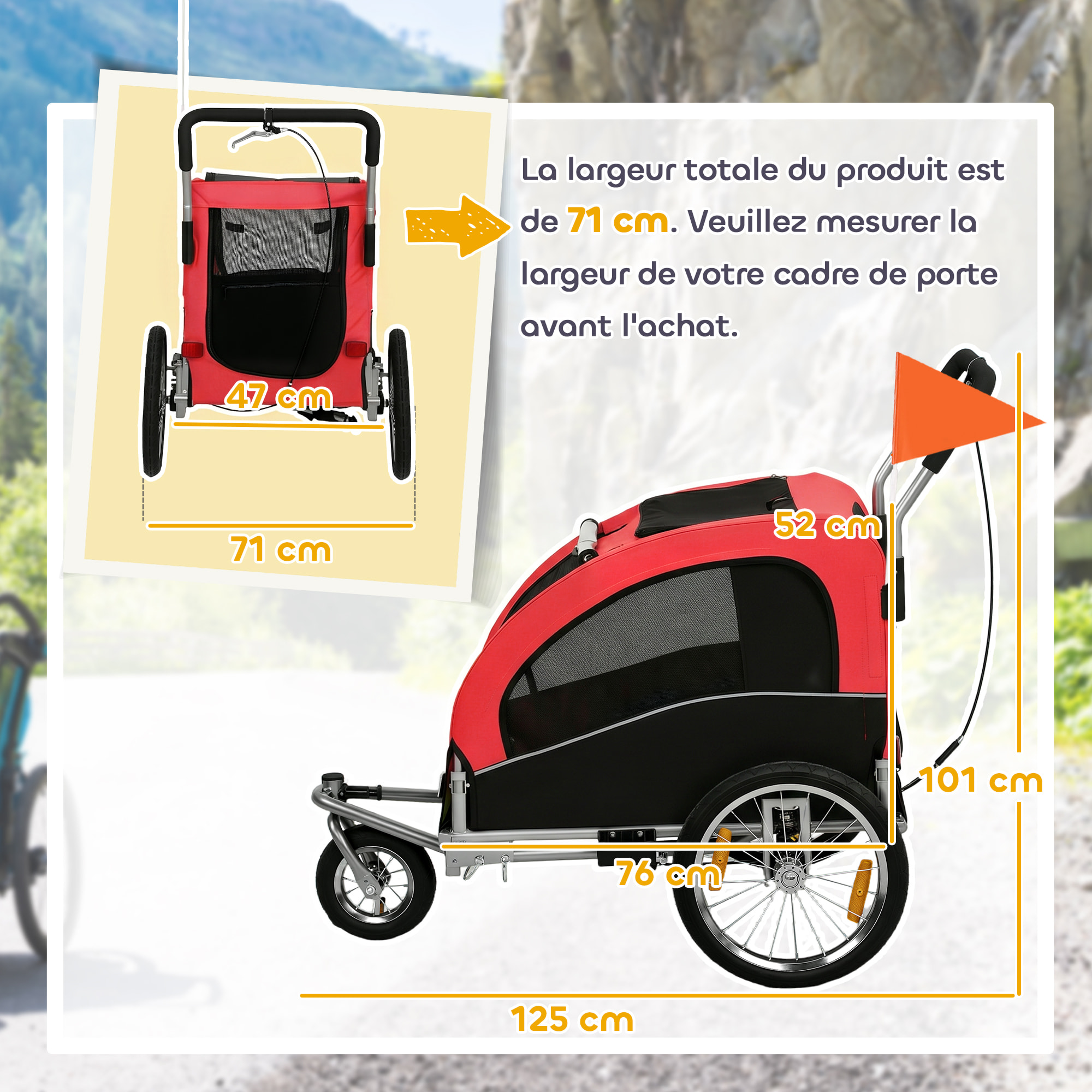 Remorque vélo jogger 2 en 1 pour animaux drapeau roue avant pivotante réflecteurs et barre d'attelage inclus rouge noir