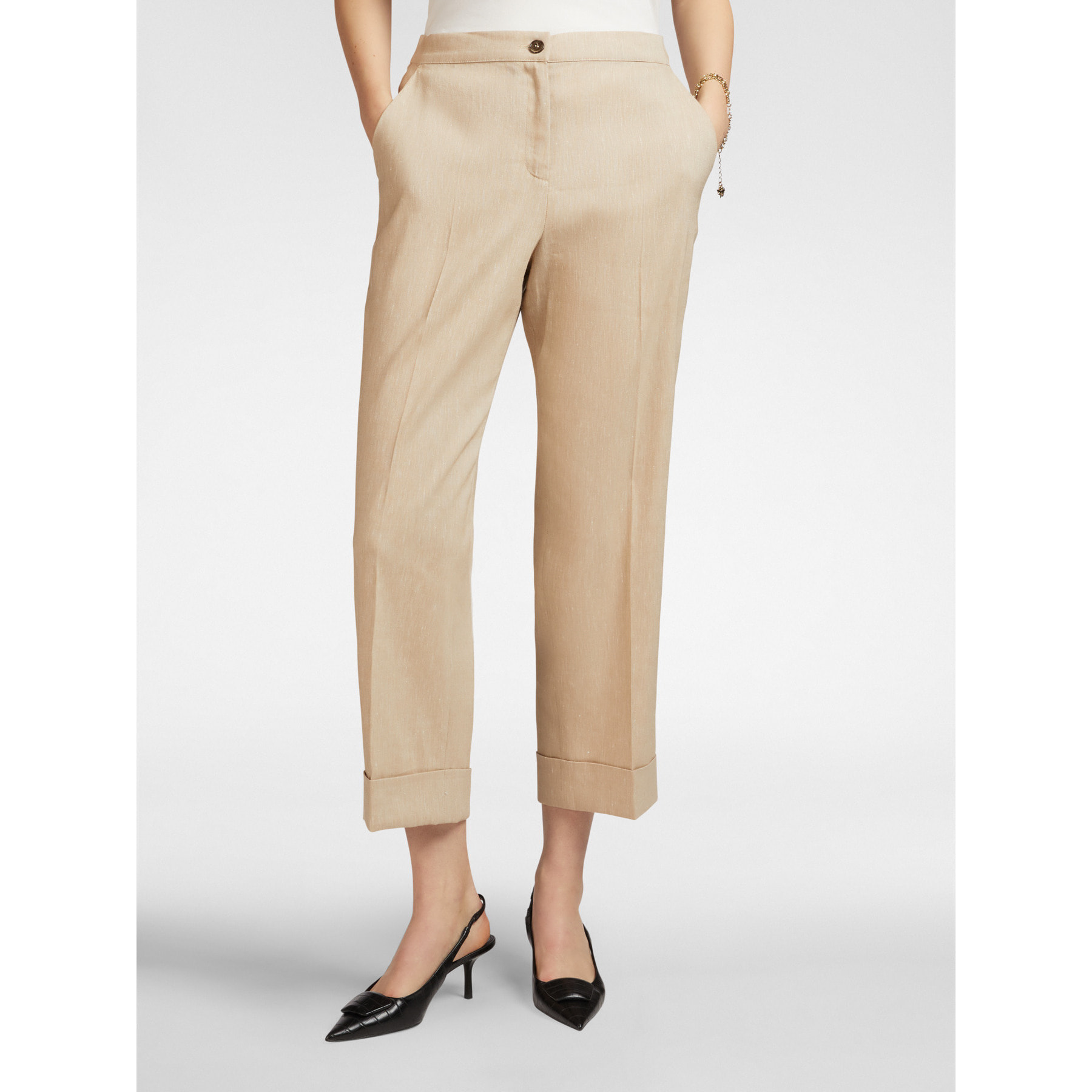 Elena Mirò - Pantalón cropped de mezcla de lino con puños - Beige