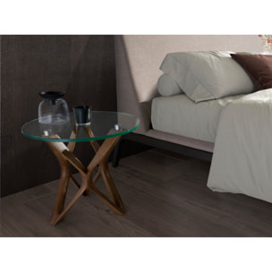 Mesa rincón Angel Cerdá redonda con tapa de cristal templado y patas de madera en nogal 50x50x41cm