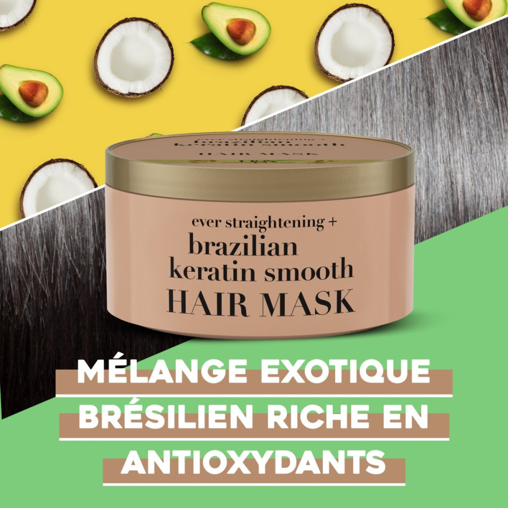 OGX Masque pour les cheveux lissant à la kératine brésilienne, 300ml – Masque capillaire pour régénérer les cheveux et faciliter