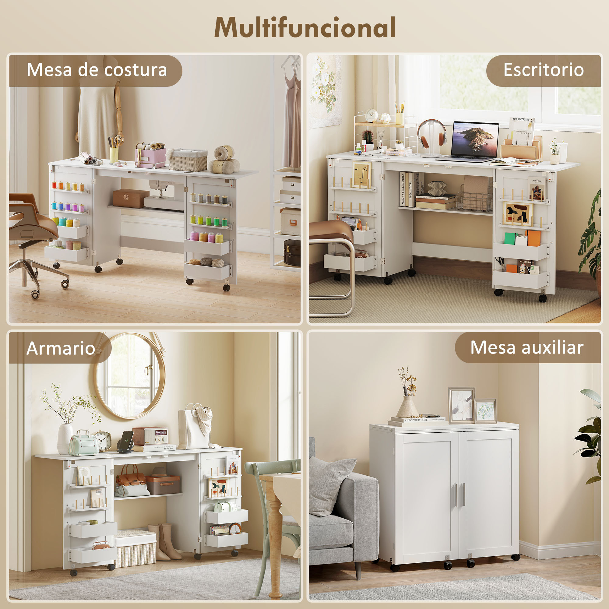 Mesa de Costura Plegable con 6 Ruedas, Mueble para Máquina de Coser con 20 Clavijas para Hilos, 4 Compartimentos, Estante, Armario de Costura para Estudio, Salón, Dormitorio, Blanco
