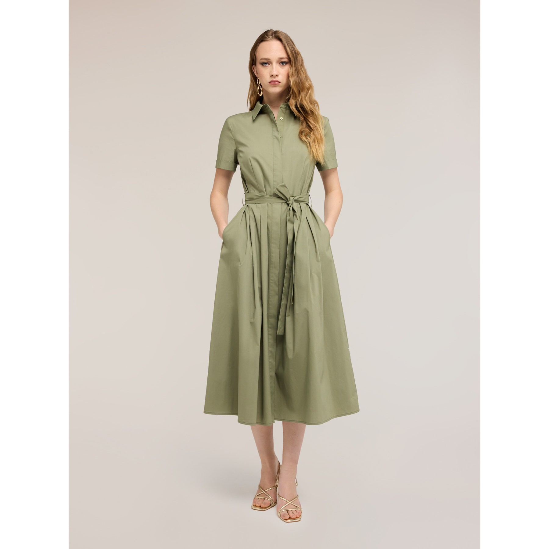 Motivi - Vestito chemisier in popeline con cintura - Verde militare