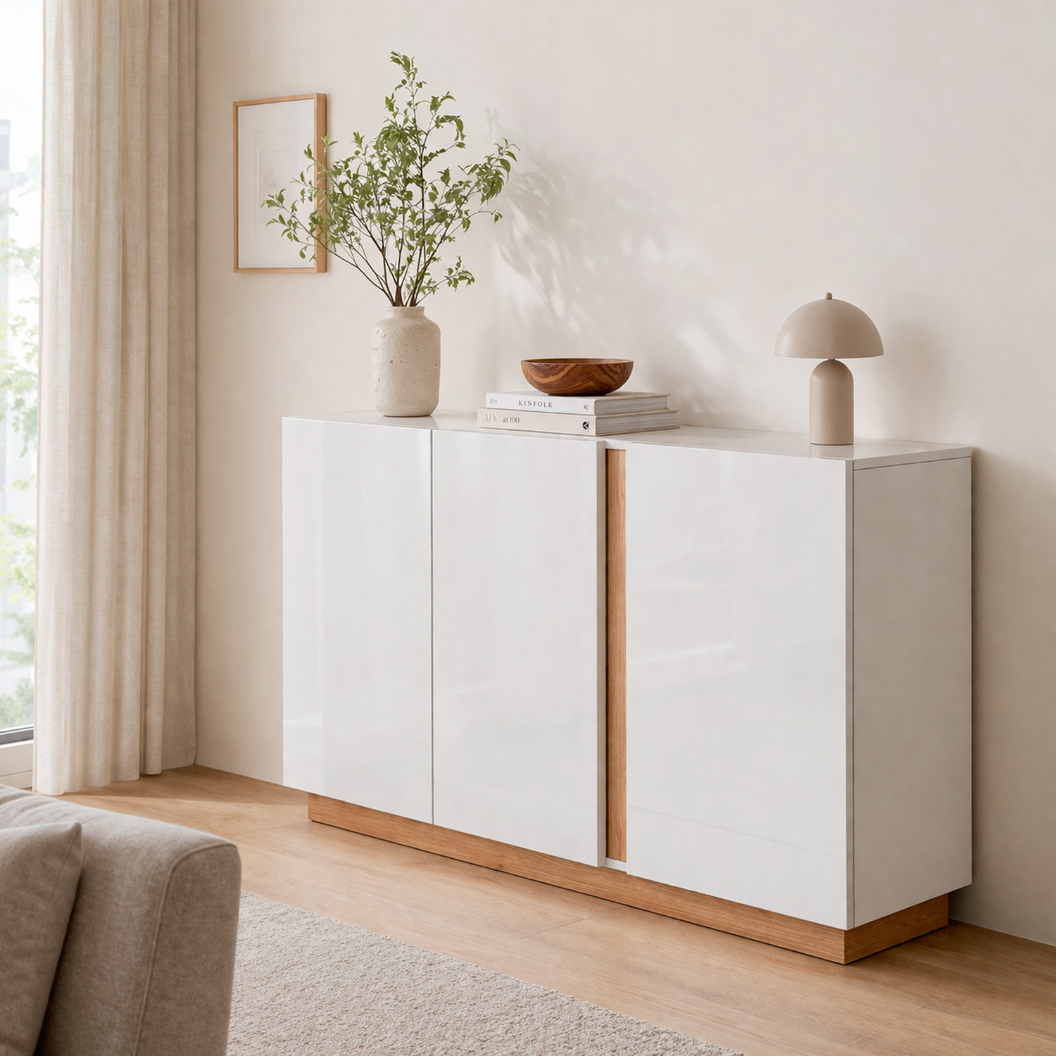 Credenza Soggiorno 3 Ante Madia Moderna Con Ripiani Interni Mobile Contenitore Design Elegante Oldenburg 138 x 40 x 90.5 Cm Bianco Lucido e Rovere