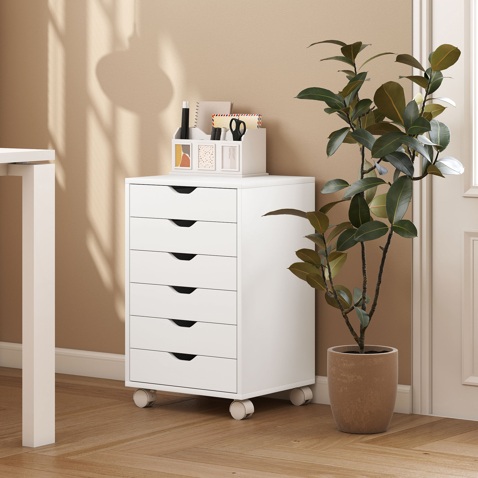 Cajonera Escritorio, Archivador Móvil con 6 Cajones, Soporte para Impresora con Ruedas, Guías Deslizantes Silenciosas, para Oficina, Casa, Blanco