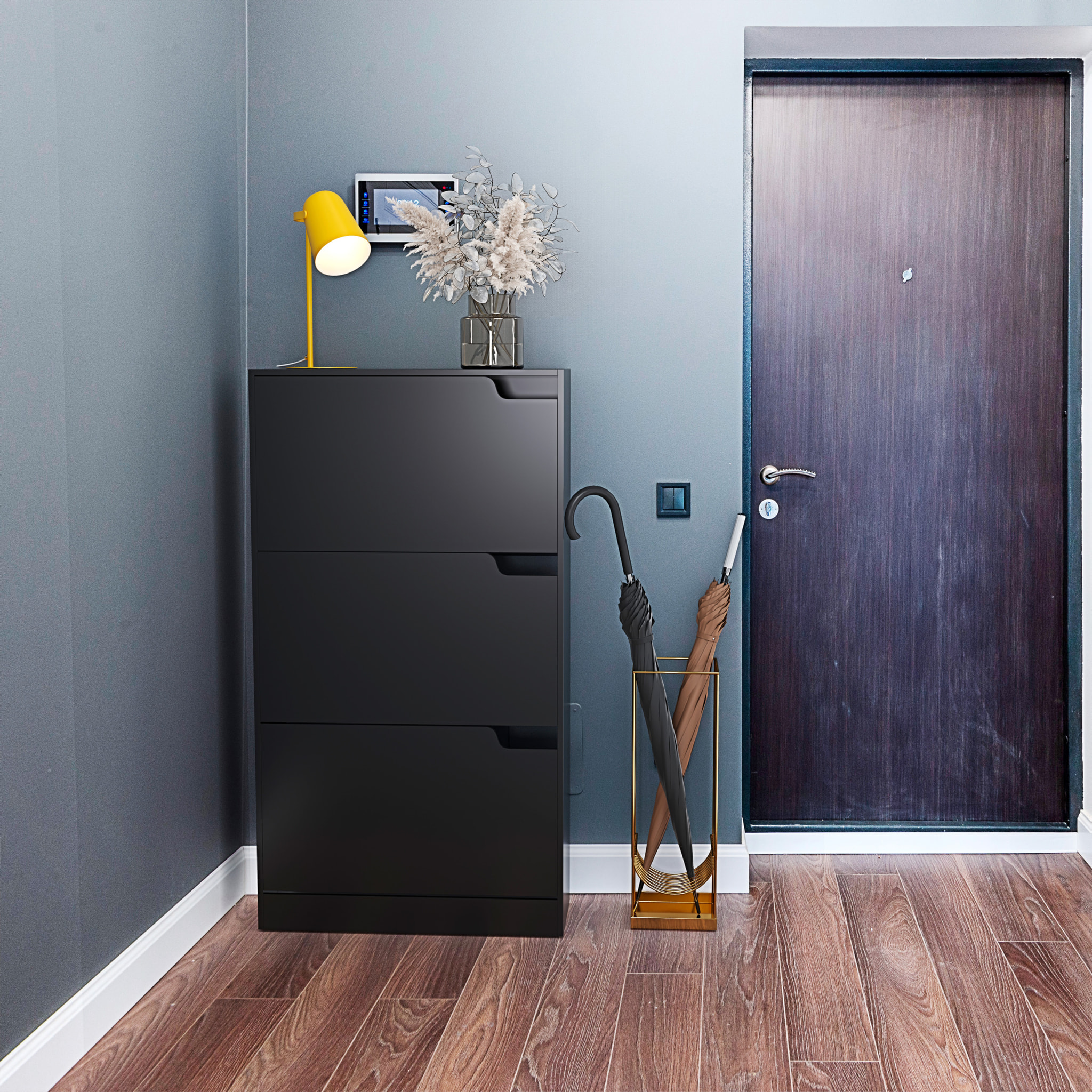 Scarpiera Portascarpe 3 Ante In Legno MDF Salvaspazio A Ribalta Maniglie A Scomparsa Per Ingresso Soggiorno Casa Camera 115x24x63 Cm Nero