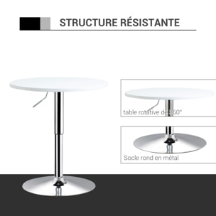 Table de bar ronde mange-debout - hauteur réglable - plateau pivotant - métal chromé MDF blanc