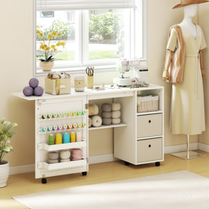 Mesa de Costura Plegable con 6 Ruedas, Mueble para Máquina de Coser con 18 Clavijas para Hilos, 2 Cajones de Tela, 3 Compartimentos, Tomas Corriente Armario de Costura para Estudio Salón Blanco