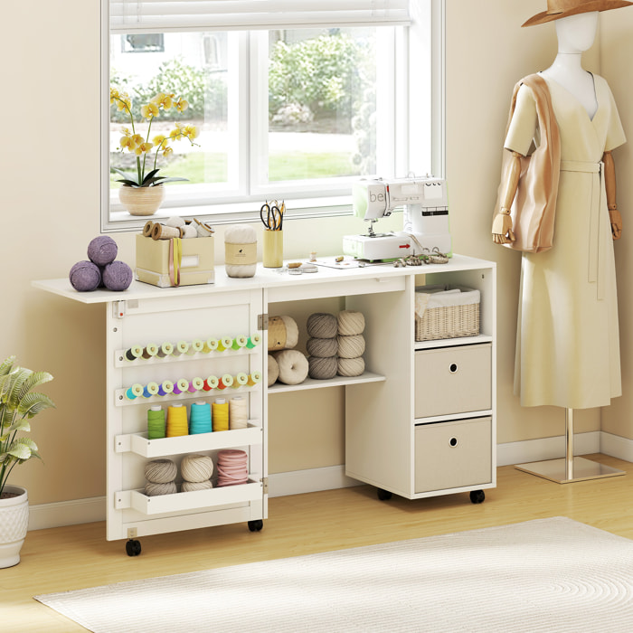 Mesa de Costura Plegable con 6 Ruedas, Mueble para Máquina de Coser con 18 Clavijas para Hilos, 2 Cajones de Tela, 3 Compartimentos, Tomas Corriente Armario de Costura para Estudio Salón Blanco