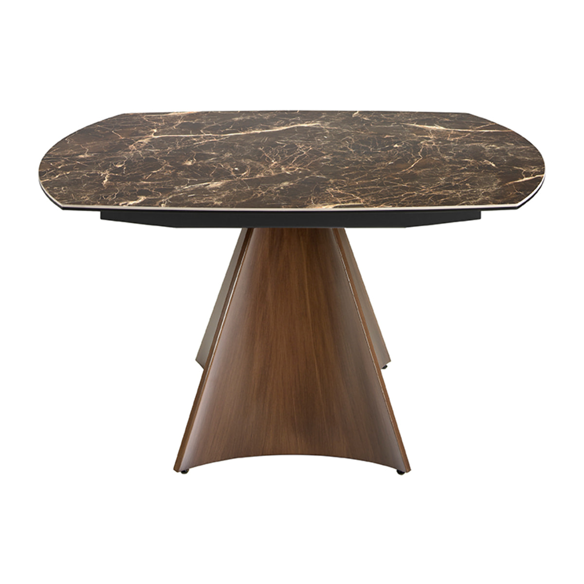 Mesa comedor extensible ovalada barril con tapa de mármol porcelánico en marrón con vetas crema en acabado brillo 135x90x75cm