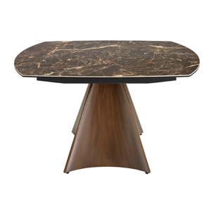 Mesa comedor extensible ovalada barril con tapa de mármol porcelánico en marrón con vetas crema en acabado brillo 135x90x75cm
