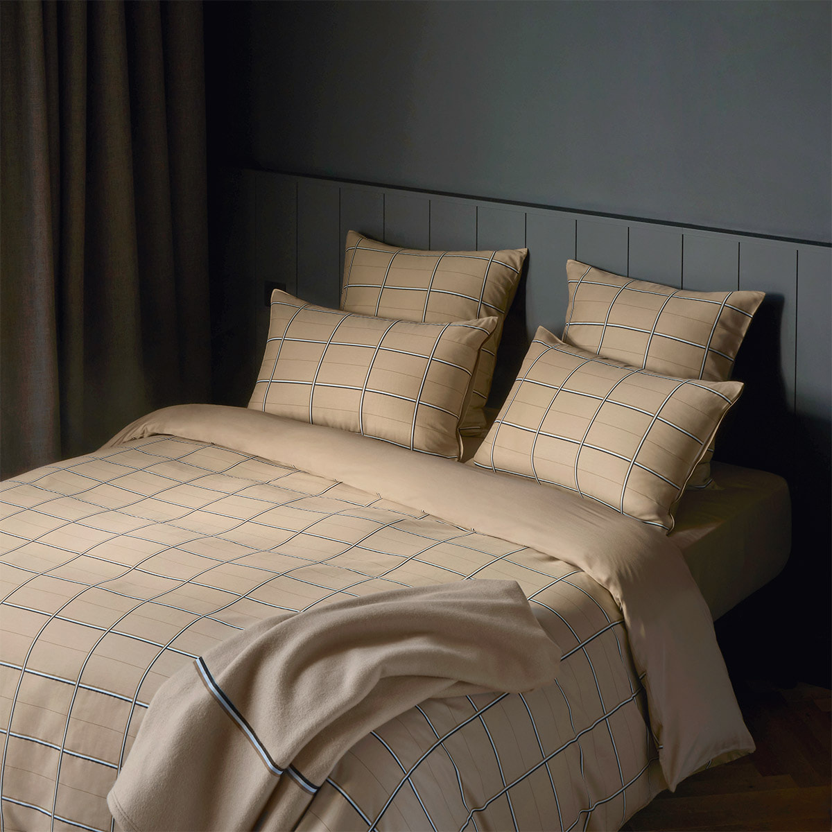 Housse de couette en satin de coton beige, Boss Check