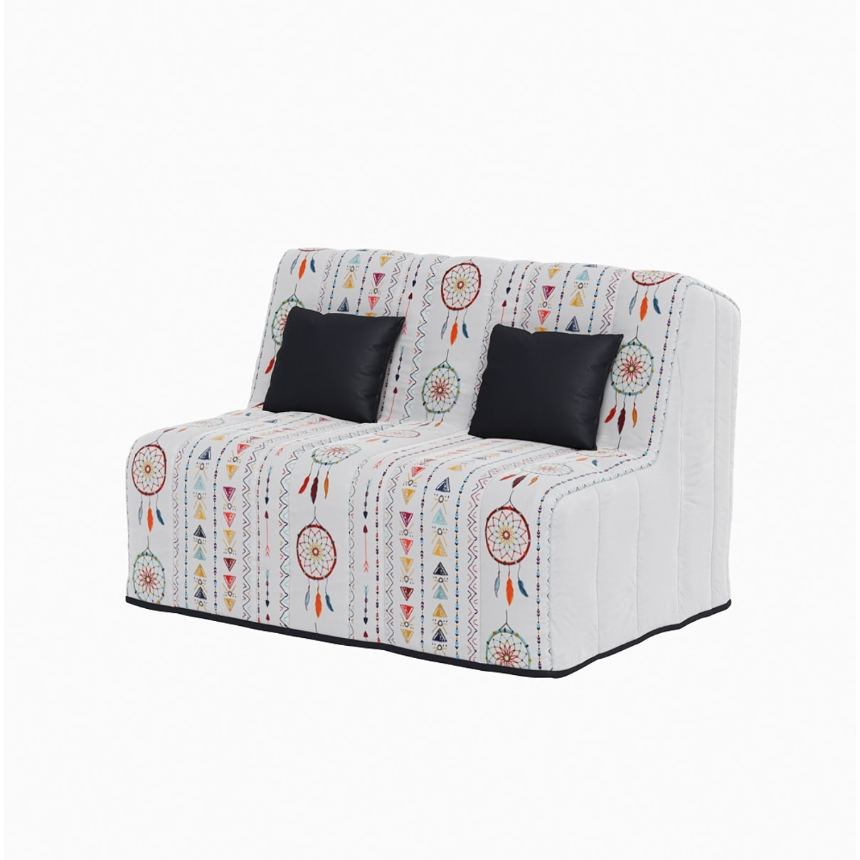 Banquette convertible Gaia, matelas Simmons, 160 x 200 cm, 2 coussins offerts, Blanc à motifs