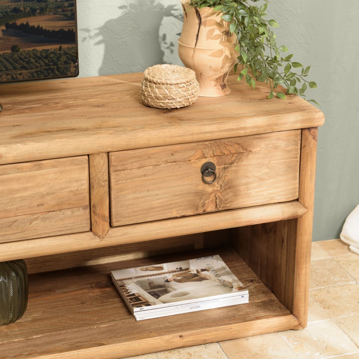 SANDY - Meuble TV 4 tiroirs 1 niche, longueur 200cm bois pin recyclé