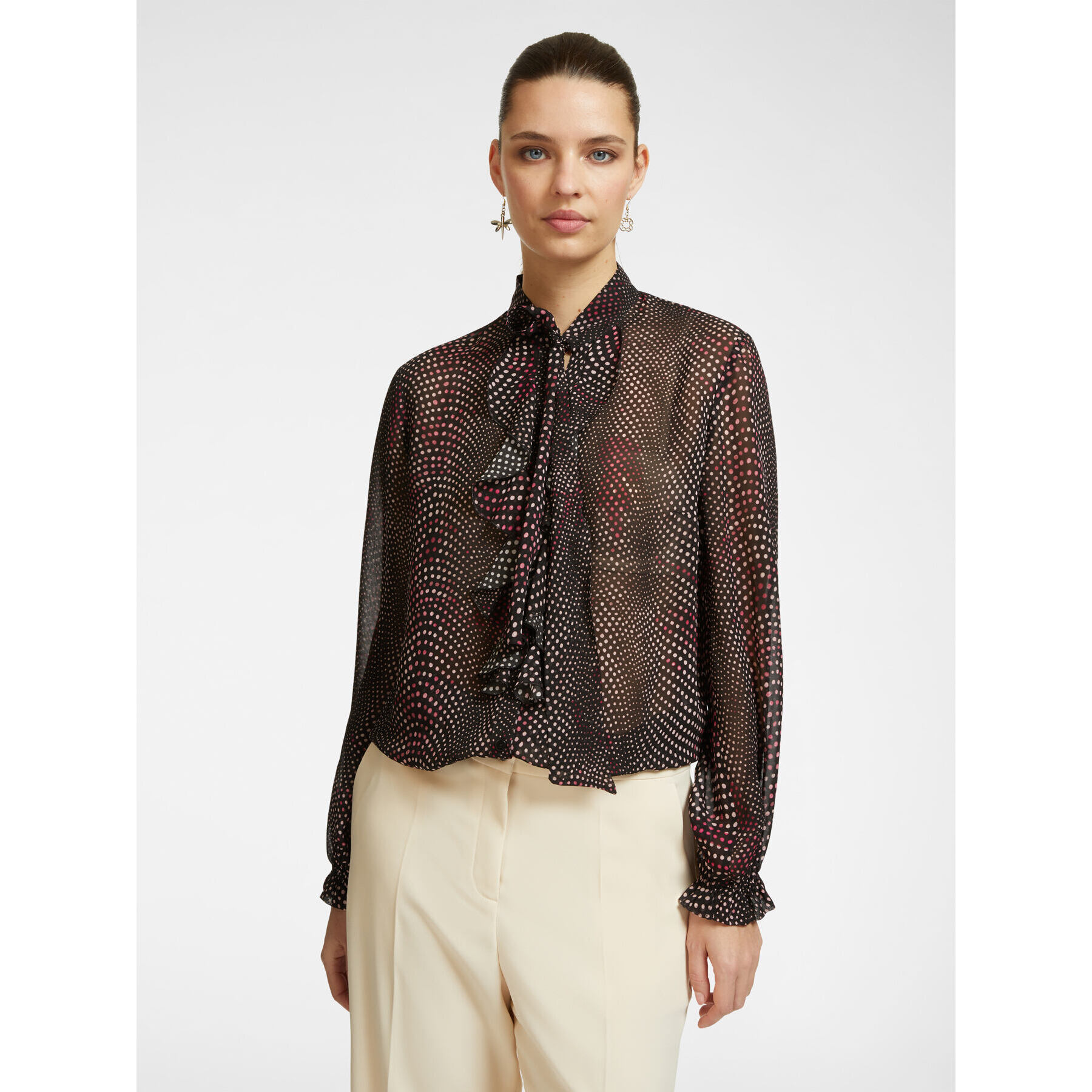 Elena Mirò - Blusa stampata con volant e fiocco - Nero
