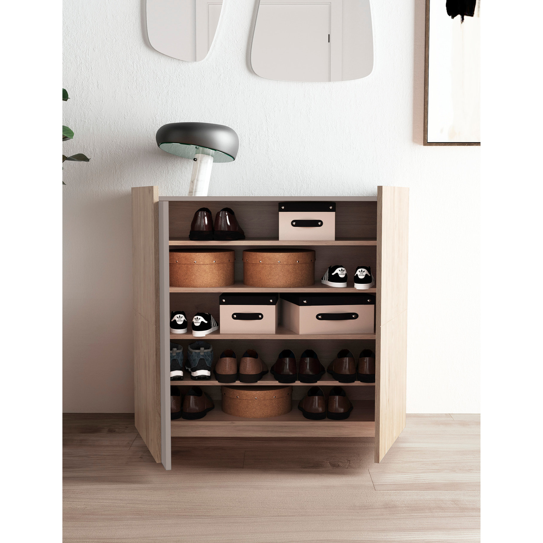 Zapatero Odda melamina roble claro detalle arena 90x95x35 cm