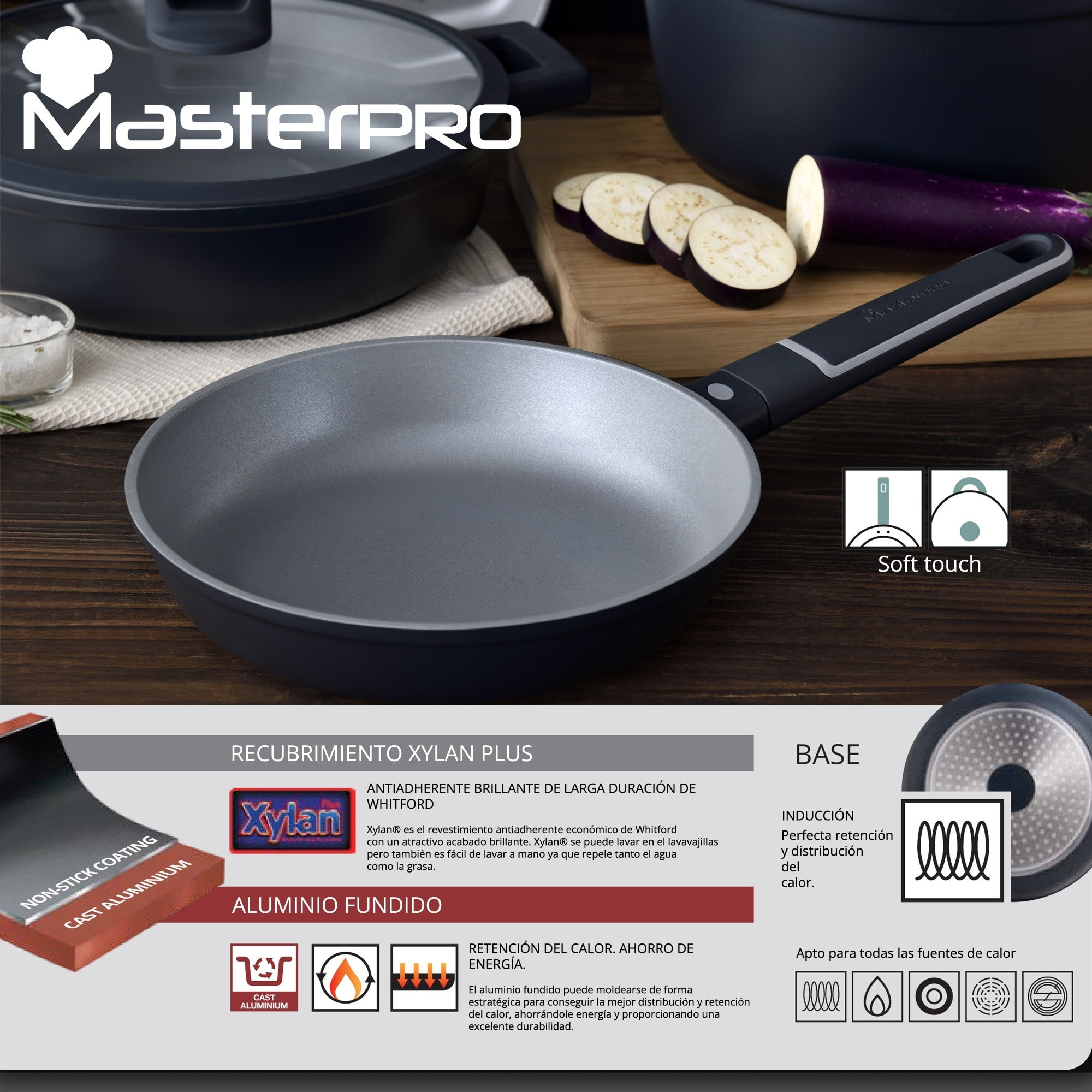 Juego de Sartén Grill 28x28x5,5cm + Wok Ø28x8cm en Aluminio fundido con tapa - Aptas para inducción - INDIGO MasterPRO