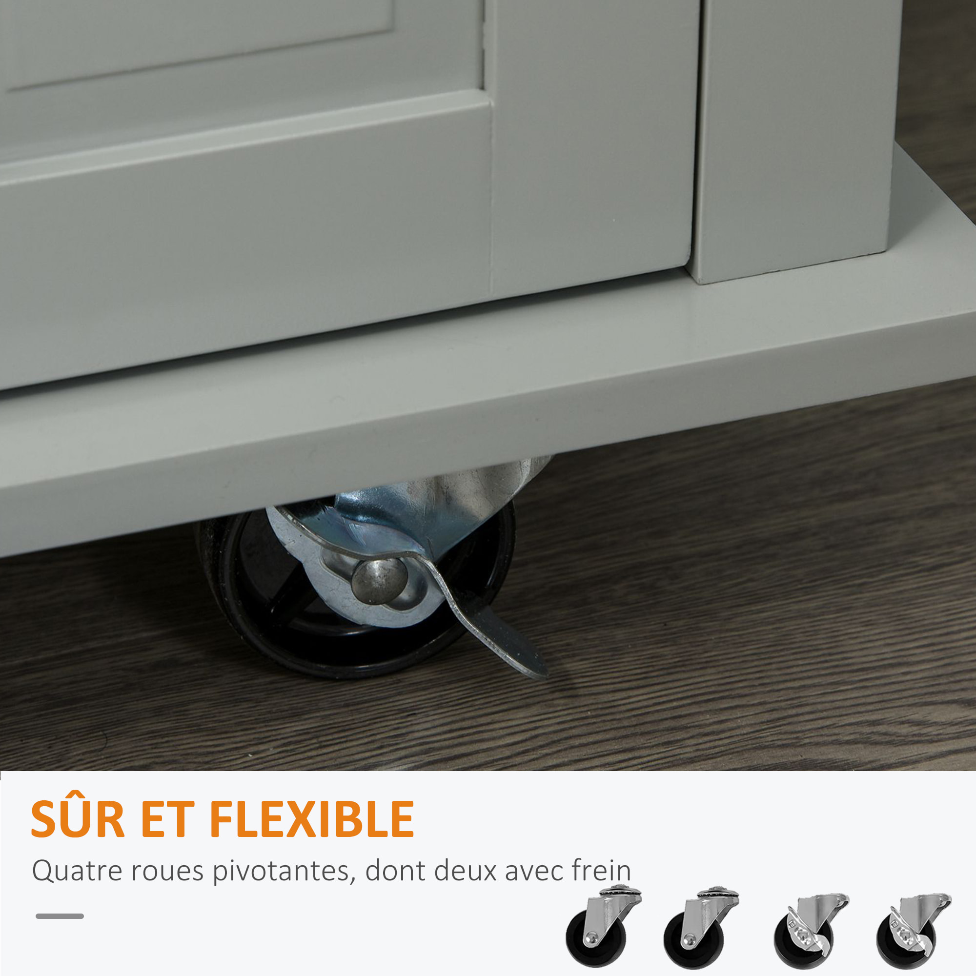 Desserte de cuisine multi rangements 2 tiroirs 2 placard 2 portes avec étagère range-bouteille porte-torchons MDF gris hévéa