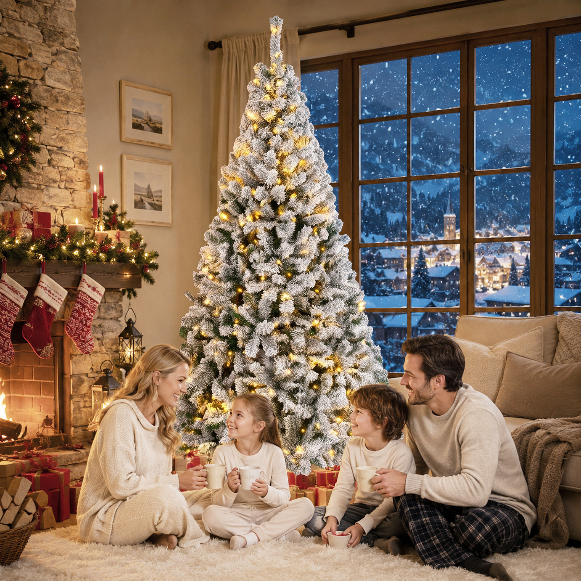 HOMCOM Árbol de Navidad con 240 Luces LED Blanco Cálido, 200 cm, Árbol de Navidad de Abeto Nevado, 850 Ramas Ignífugas Abatibles, Base Metálica Plegable, Verde y Blanco
