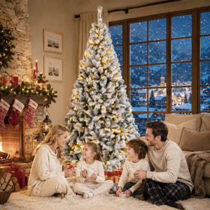 HOMCOM Árbol de Navidad con 240 Luces LED Blanco Cálido, 200 cm, Árbol de Navidad de Abeto Nevado, 850 Ramas Ignífugas Abatibles, Base Metálica Plegable, Verde y Blanco