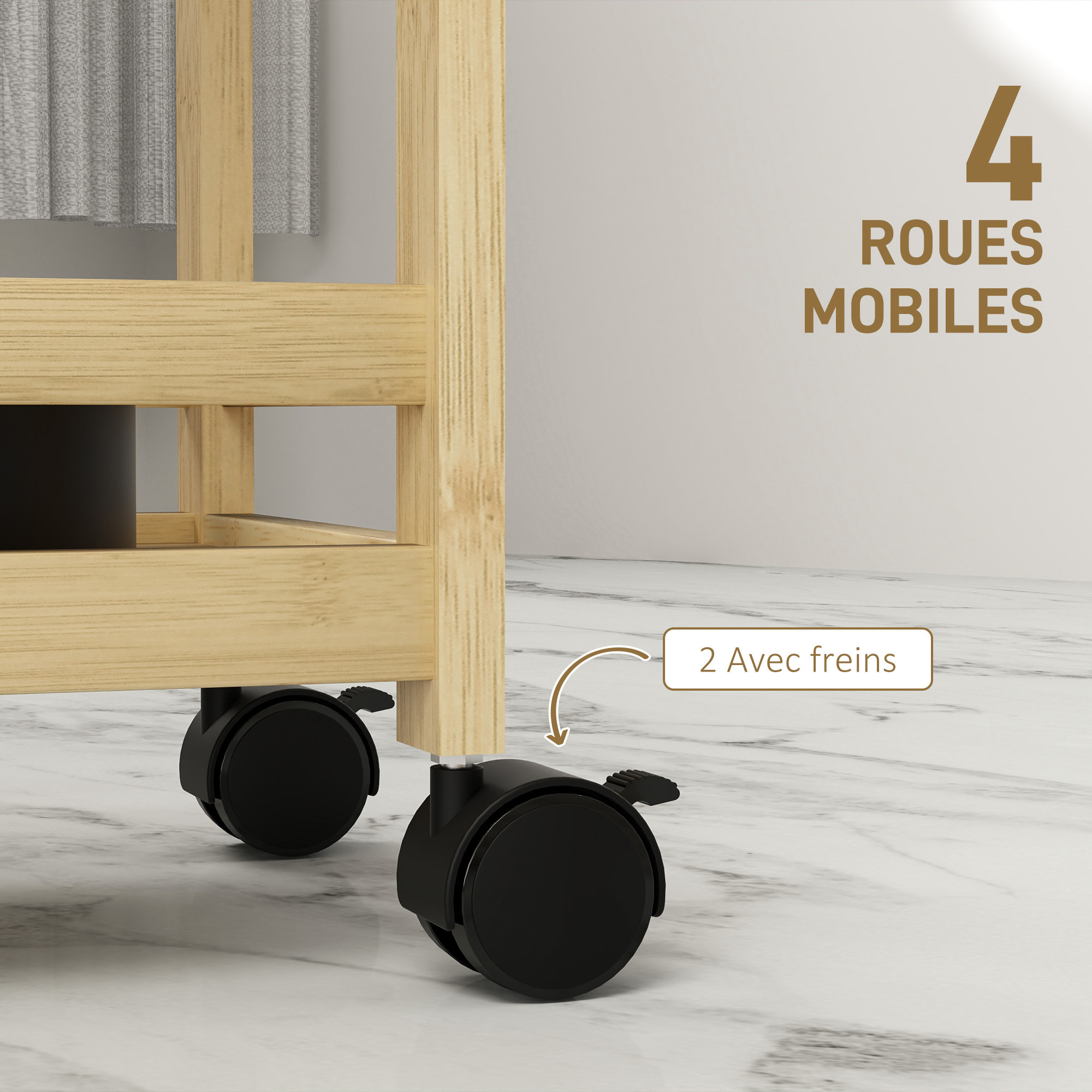 Desserte salle de bain style cosy bambou verni 3 étagères, poignée, 4 roulettes pivotantes