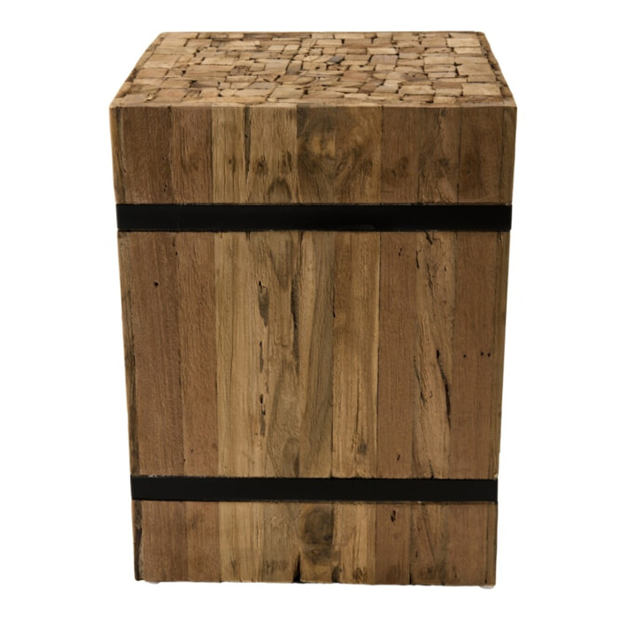 SAM - Table d'appoint carrée 'S' 34x34cm bois Teck recyclé cerclée métal noir