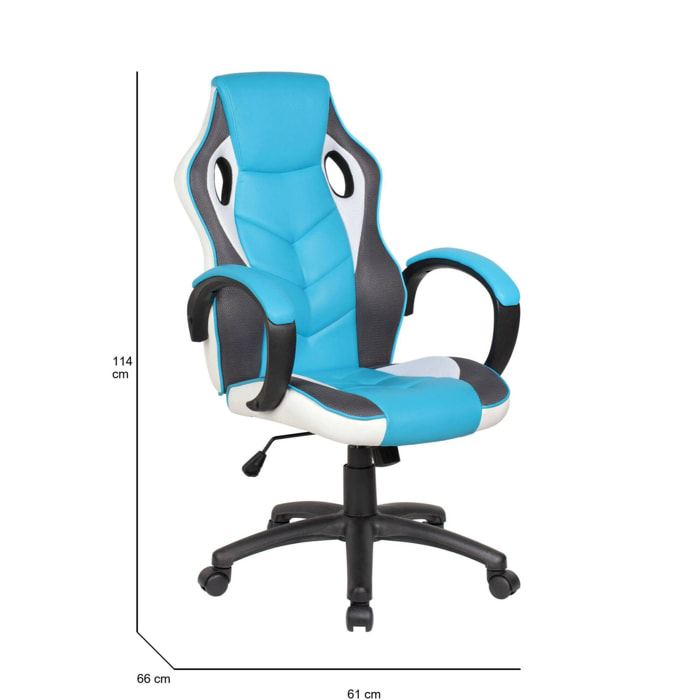 Sedia da gaming Caloundra, Poltrona da gaming adulto, Sedia da scrivania, 66x61h104/114 cm, Azzurro e Bianco