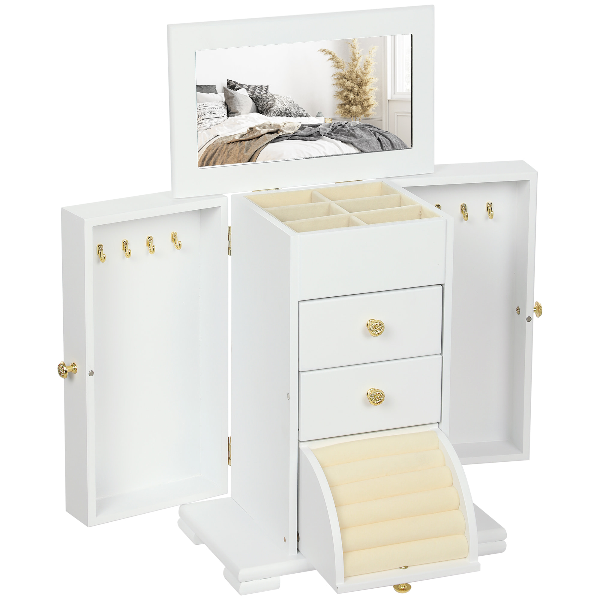 Armoire à bijoux poignées bouton doré miroir bois blanc