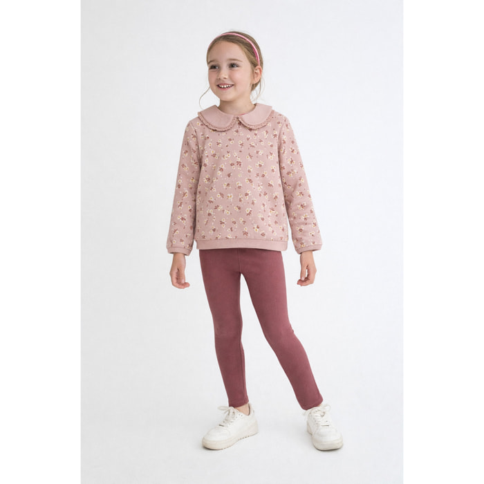 Conjunto niña sudadera rosado y leggings, estampado floral y cuello bebé con puntilla | Color: Rosado | Street Monkey