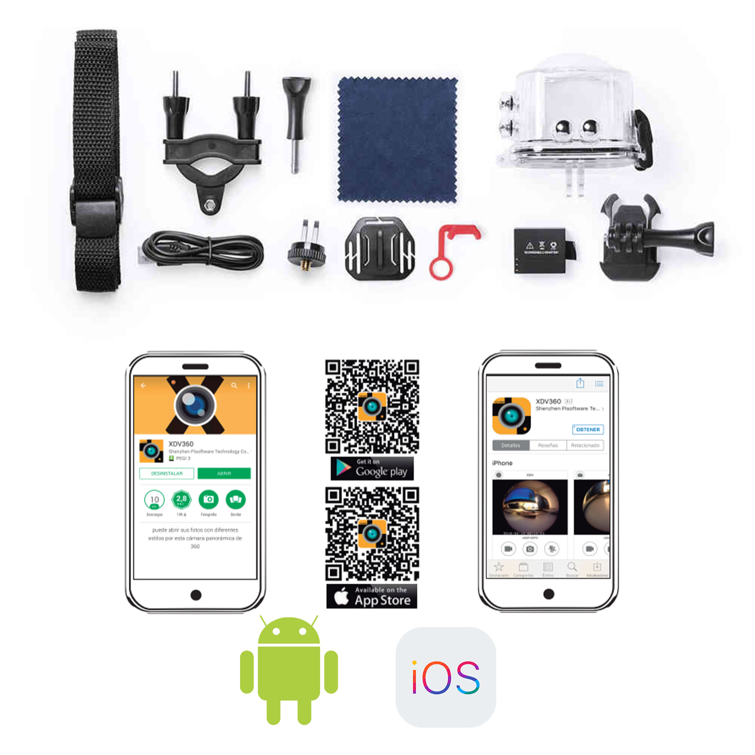 Cámara deportiva 360° Logans. Video 2,5K, 16 megapíxeles, cámara lenta, sensor Sony.