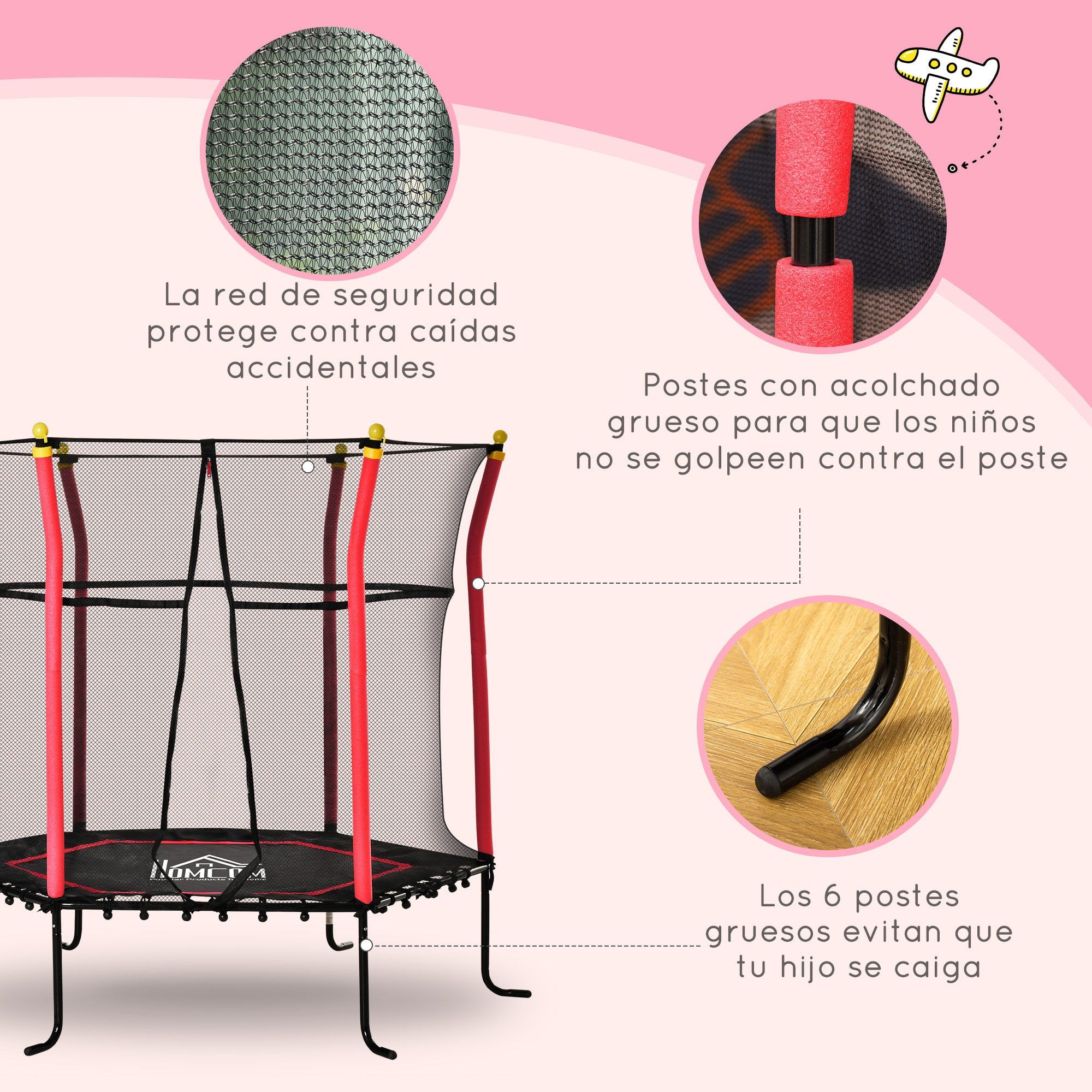 Cama Elástica Infantil de Jardín Trampolín para Niños de +3 Años con Superficie de Salto Ø120 cm Red de Seguridad Acero para Interior Exterior Ø160x163,5 cm Negro y Rojo