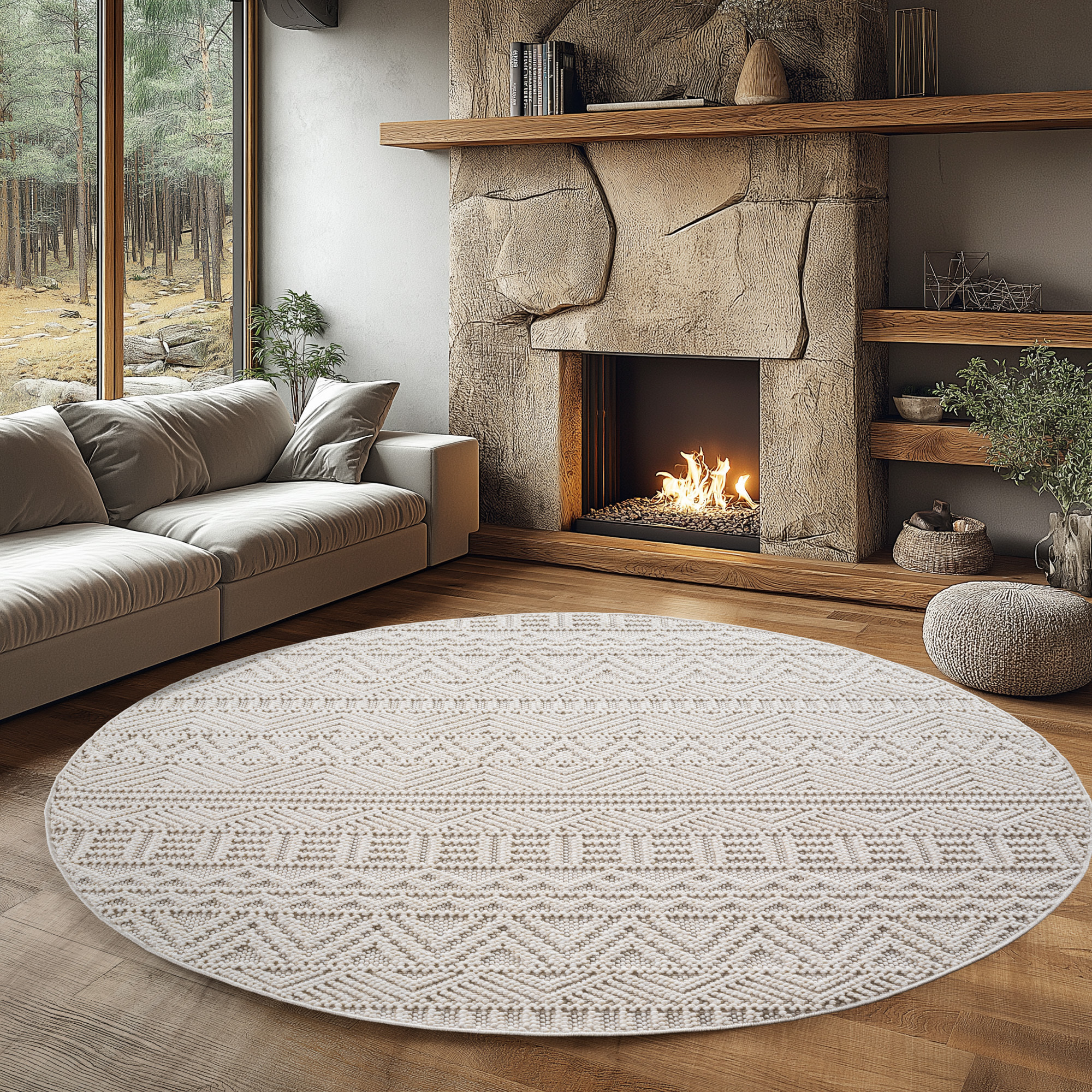 HELIX - Tapis moderne rond effet laine bouclé à motif berbère en relief crème