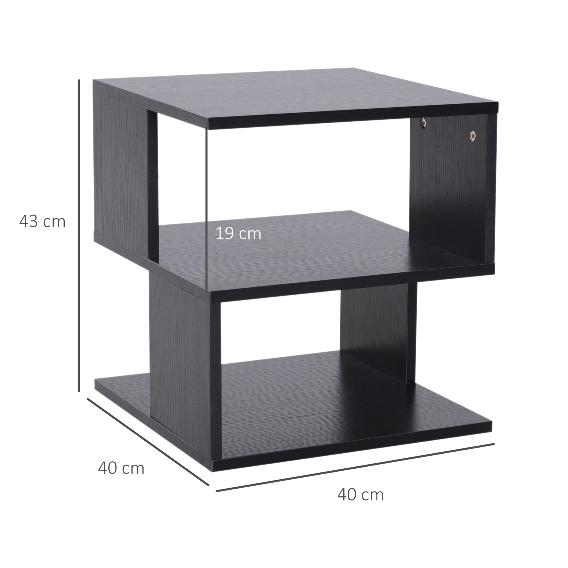 Mesa Auxiliar Cuadrada de 3 Niveles, Mesita Auxiliar Moderno con 3 Estantes Abiertos de Almacenaje, para Salón, Dormitorio, Librería, 40x40x43 cm Negro