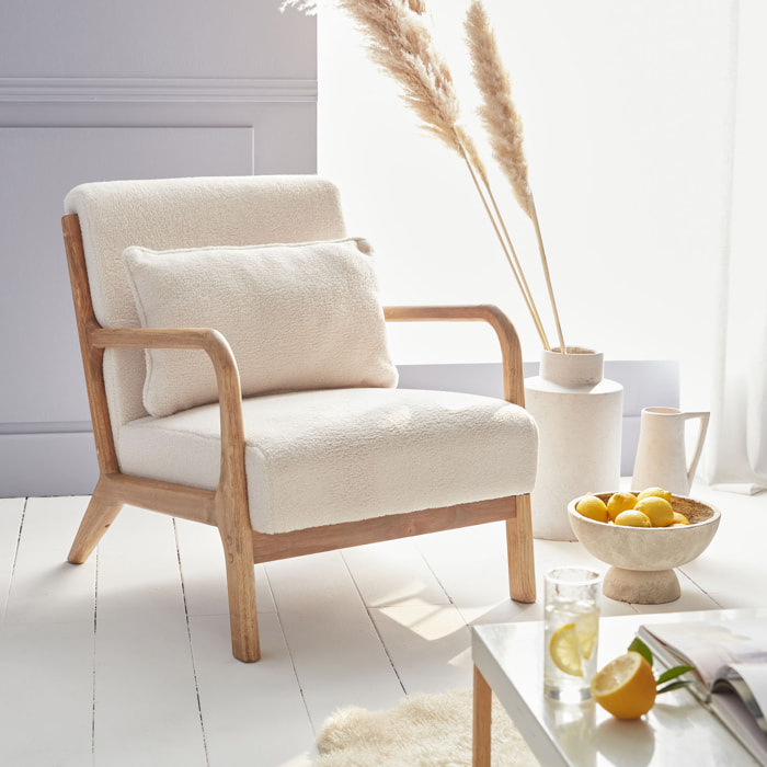 Fauteuil scandinave bois d'hévéa et bouclette LORENS