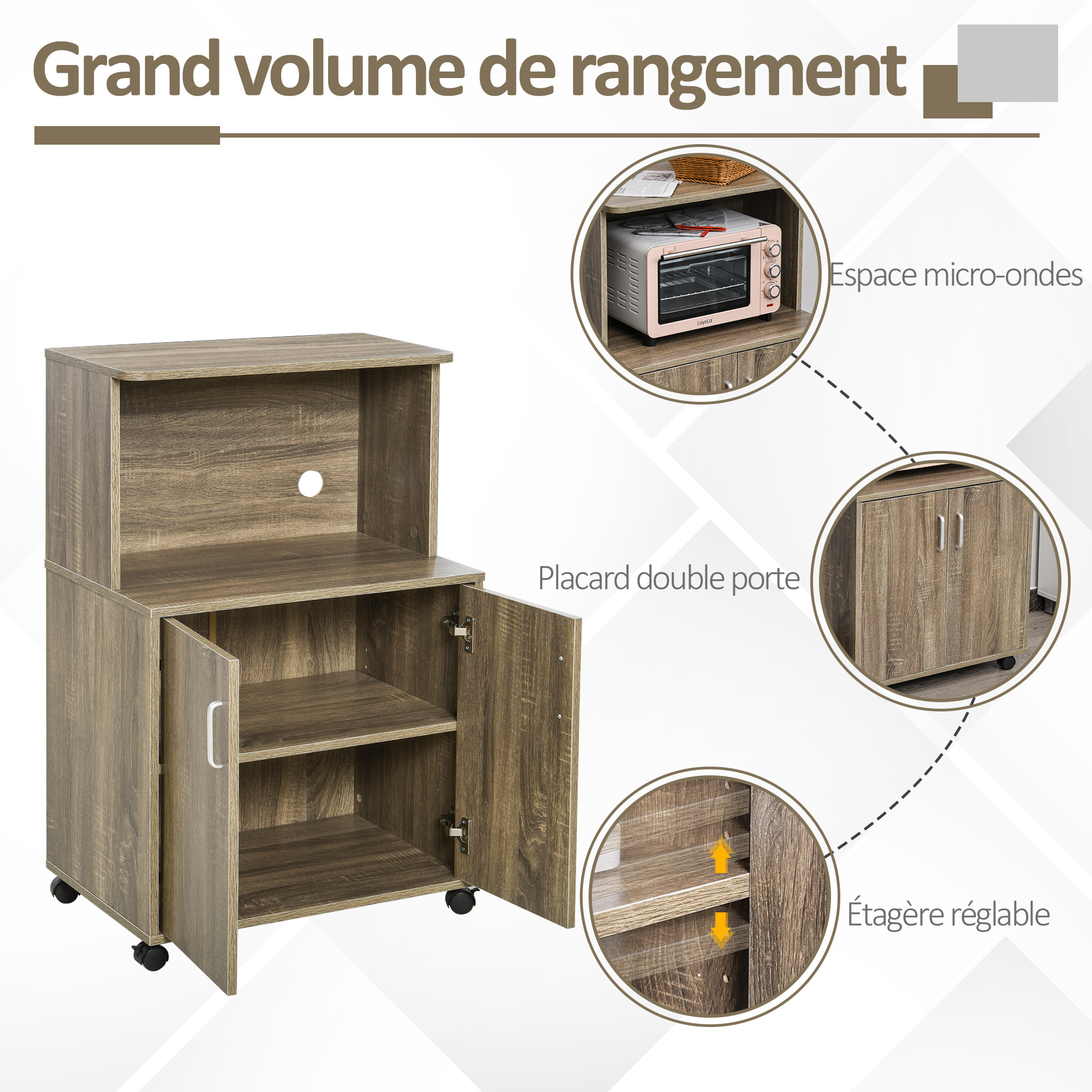 Chariot desserte micro-ondes placard 2 portes - dim. 60,4L x 40,3l x 97H cm - imitation bois