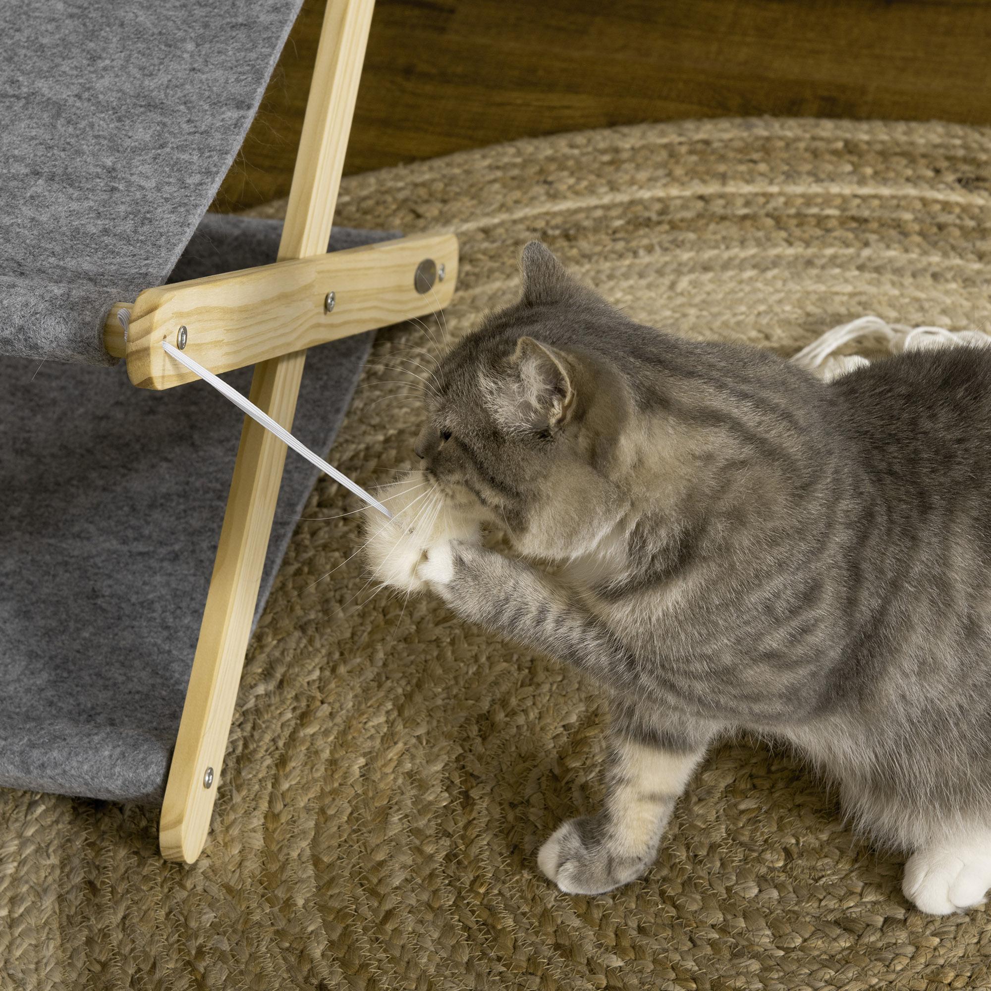 Lit pliable pour chat - hamac chat 2 niveaux - jeu 2 boules suspendues - bois de pin feutre gris