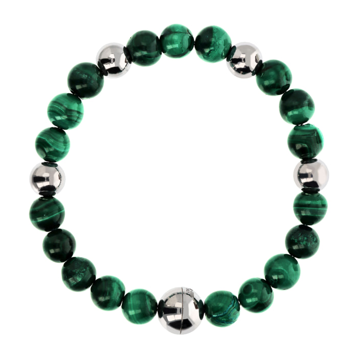 Bracciale di Sfere Argentate e in Pietra Naturale Malachite Verde in Argento 925 placcato Rodio