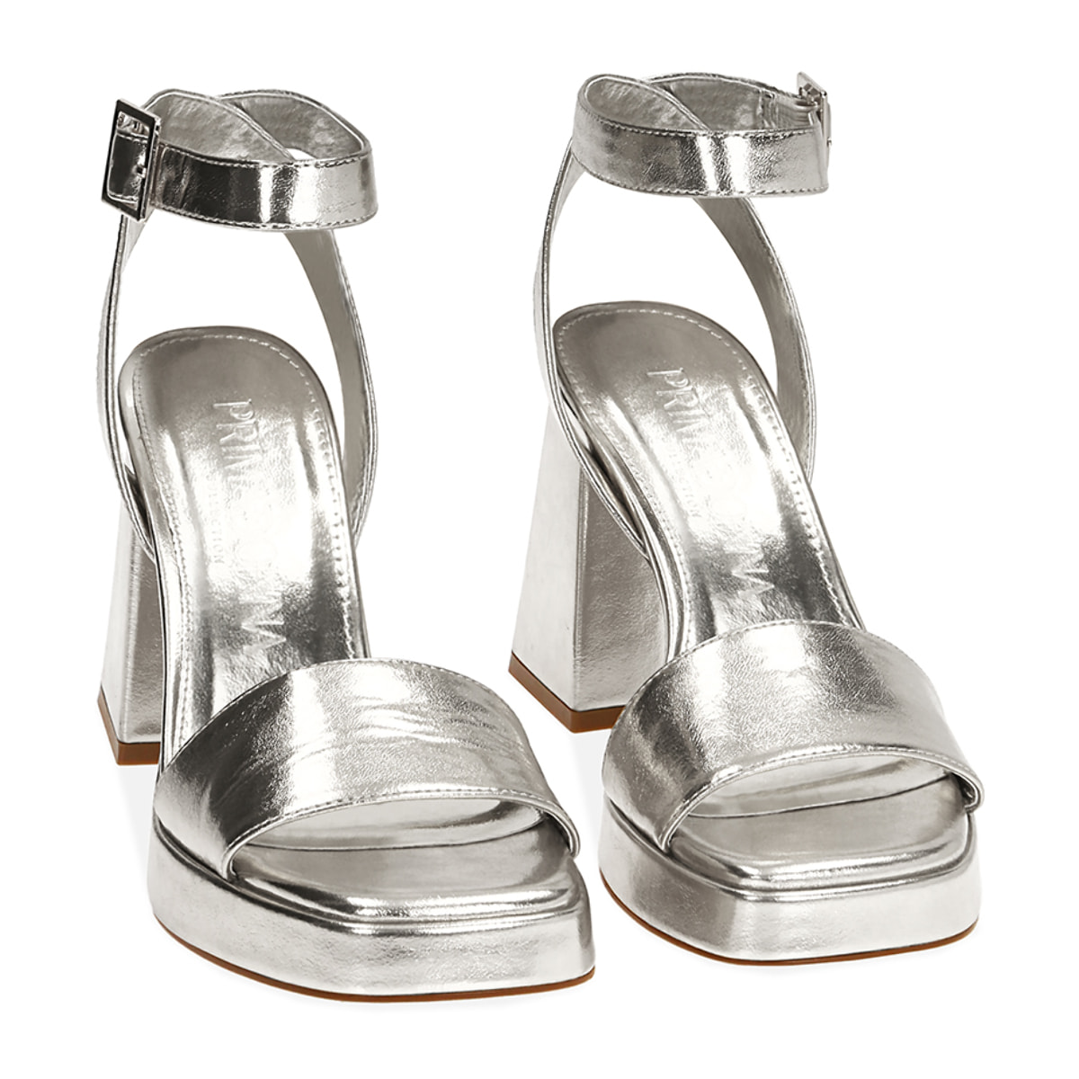 Sandali argento laminato, tacco 9 cm