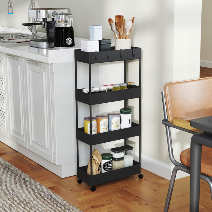 Carro de Cocina de Almacenamiento de 4 Niveles Carrito Auxiliar con Ruedas 4 Cestas y 4 Ganchos Extraíbles Carrito de Cocina para Comedor Baño Salón 40x19x90 cm Negro