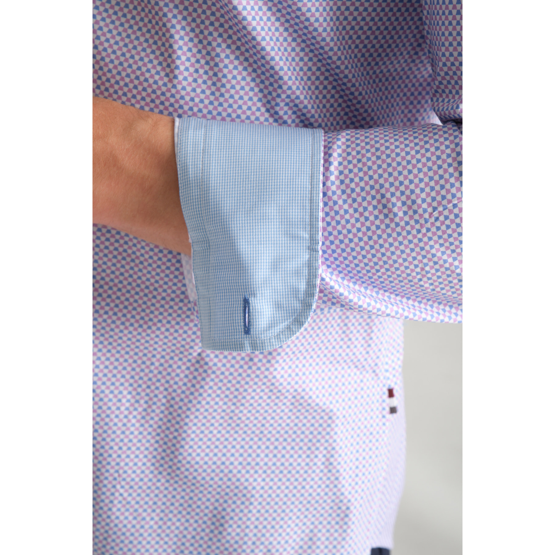camicia uomo 1 bottone button down slim Popeline Stretch Stampato Light Blue Viola Ciclamino