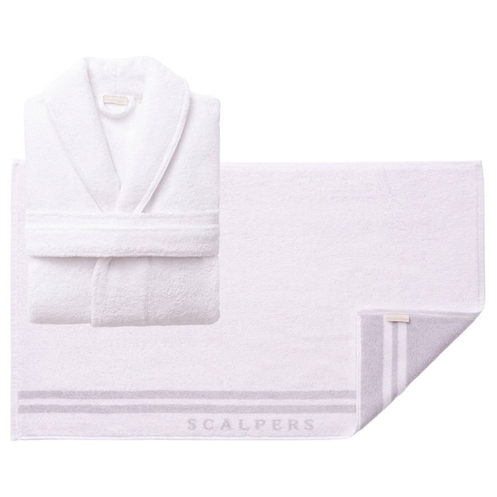 Set de albornoz s-m 100% algodón blanco 360gsm + alfombrilla de baño 50x80cm scalpers home
