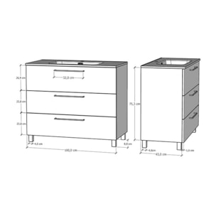 Conjunto de baño Haru | Mueble de baño con patas | 100 cm Gris Mate| Tres cajones | Lavabo encastrado | No incluye espejo | Alday