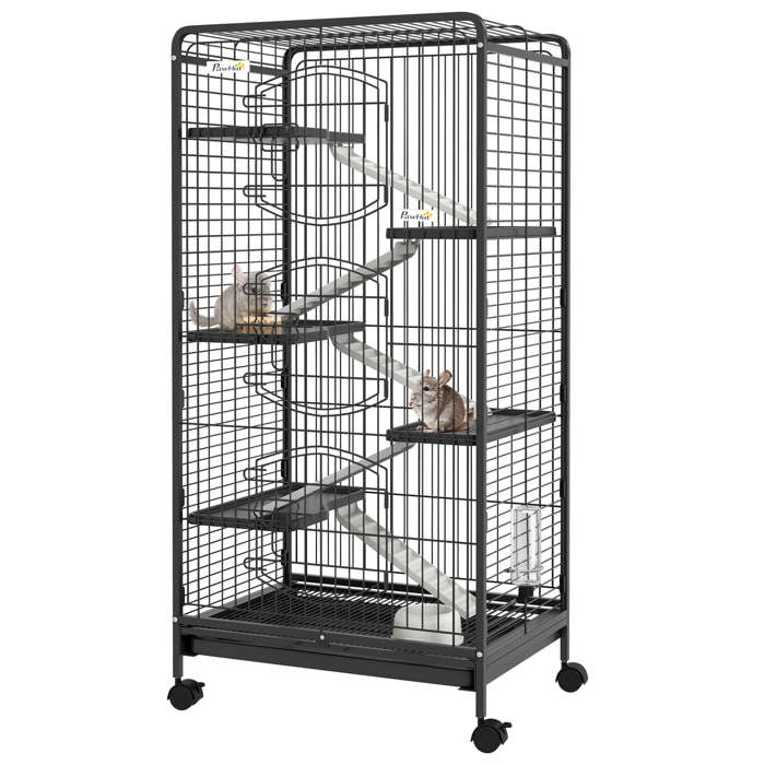 Jaula para Animales Pequeños Jaula para Roedores con Ruedas Rampa Cuenco Botella de Agua y Bandeja Extraíble Recinto para Conejos Chinchillas Hurones 64x43,5x131 cm Negro