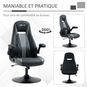 Fauteuil gaming base ronde métal pivotante 360° hauteur réglable fonction dossier bascule accoudoirs relevables PU gris noir