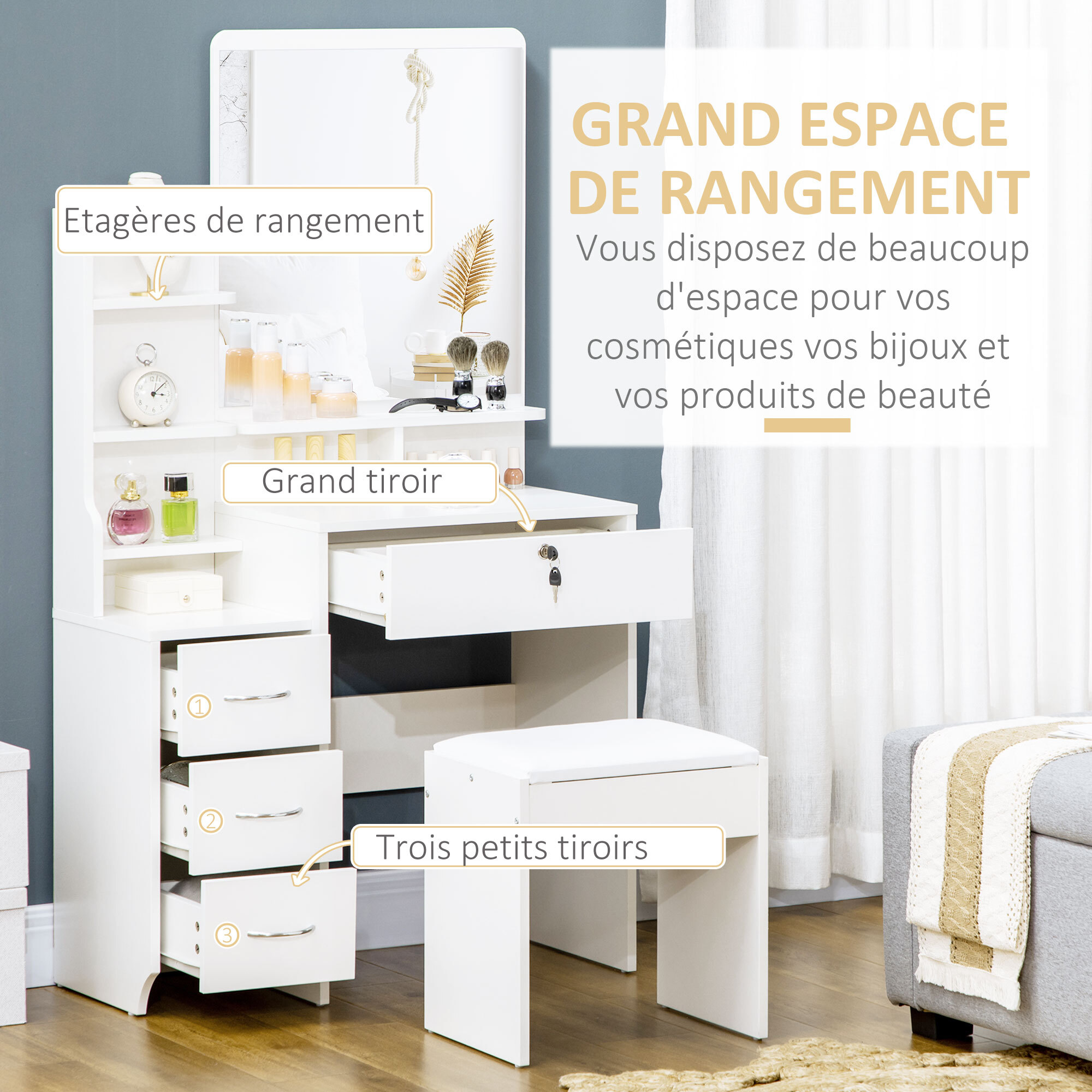 Ensemble coiffeuse tabouret design contemporain multi-rangement 4 tiroirs 4 étagères grand miroir blanc