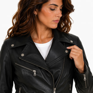 Chiodo donna in pelle di vitello rifinizione vegetale nero