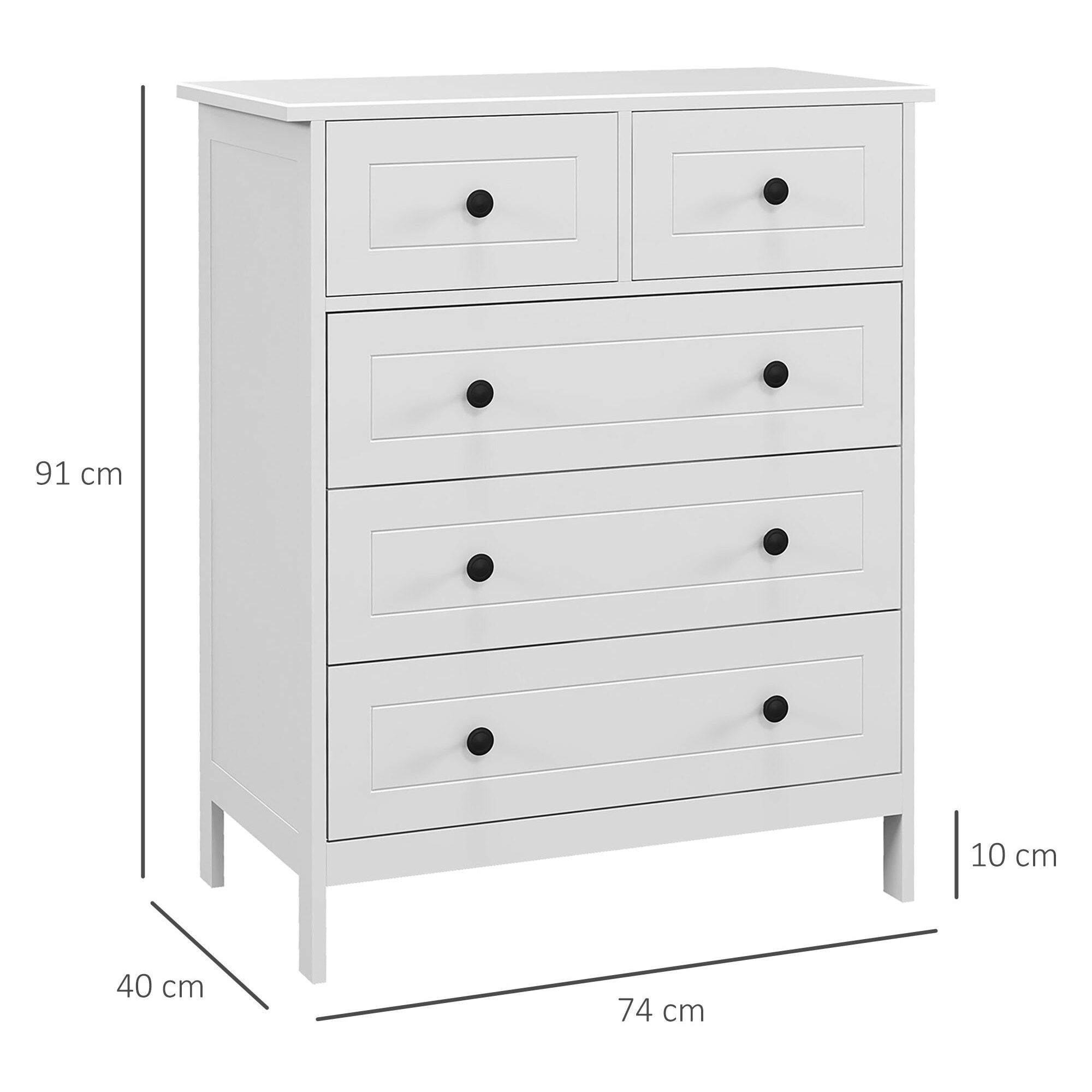 Commode 5 tiroirs style contemporain poignées boutons métal noir MDF panneaux blanc